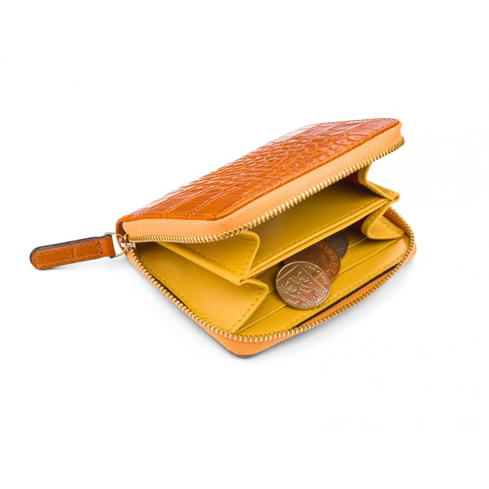 Small leather zip around accordion coin purse, yellow croc, interior