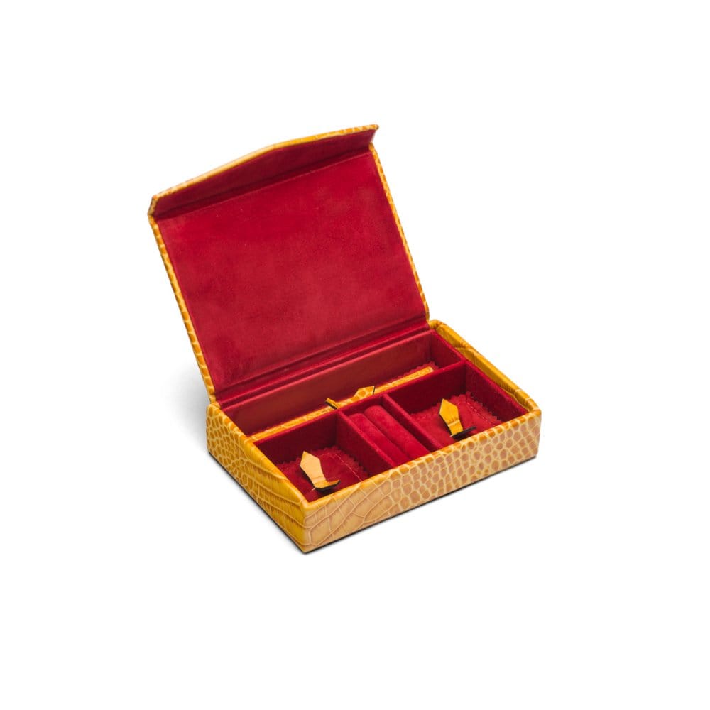 Luxury leather jewellery box, yellow croc, inside