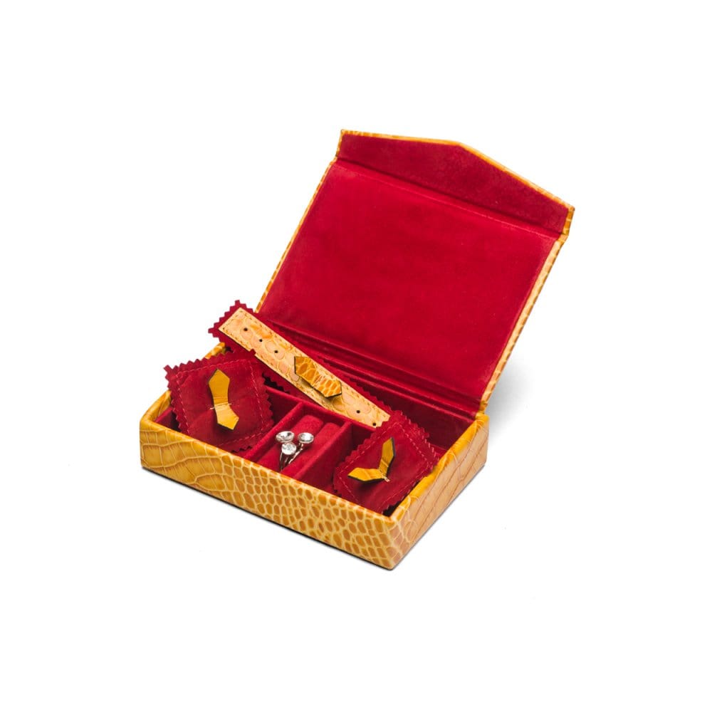 Luxury leather jewellery box, yellow croc, open