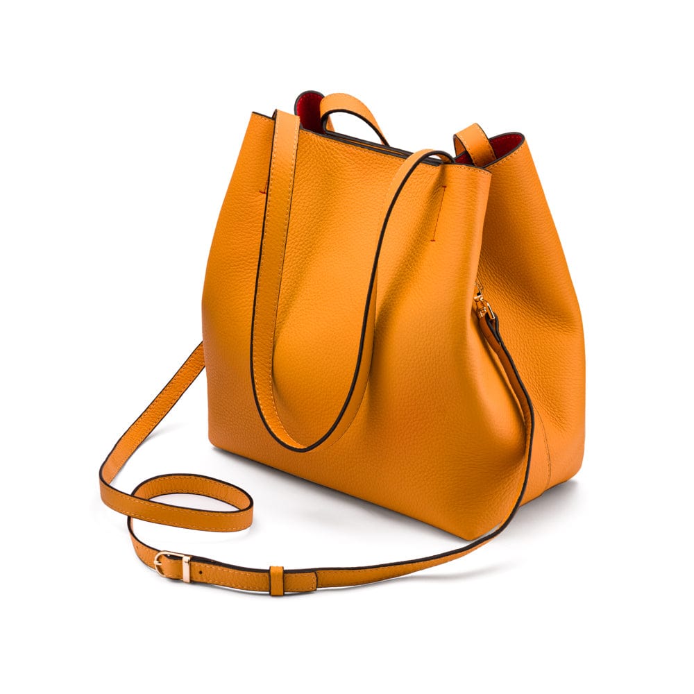 Leather tote bag, yellow, with long strap