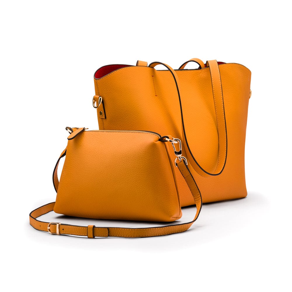 Leather tote bag, yellow, with inner bag