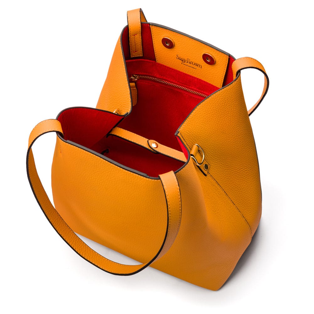 Leather tote bag, yellow, open view