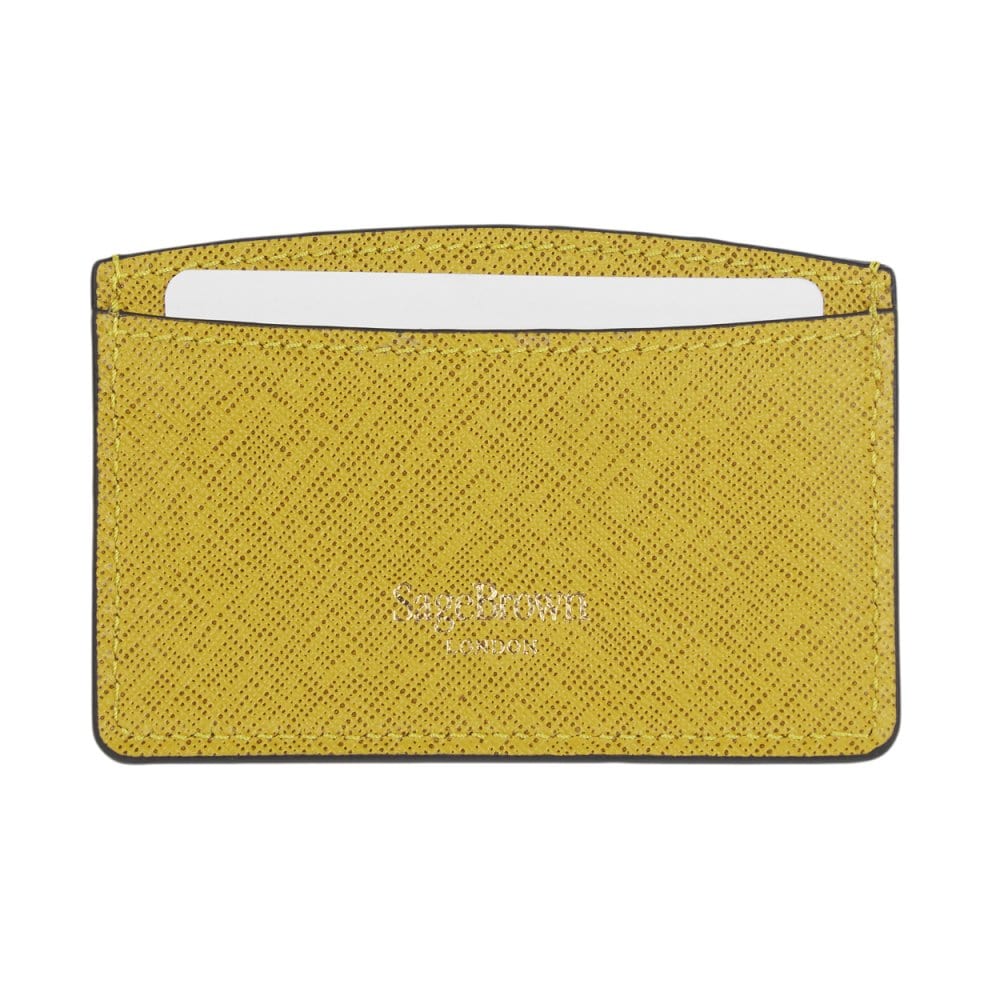 Yellow Saffiano Flat Leather Credit Card Case With RFID Blocking Lining