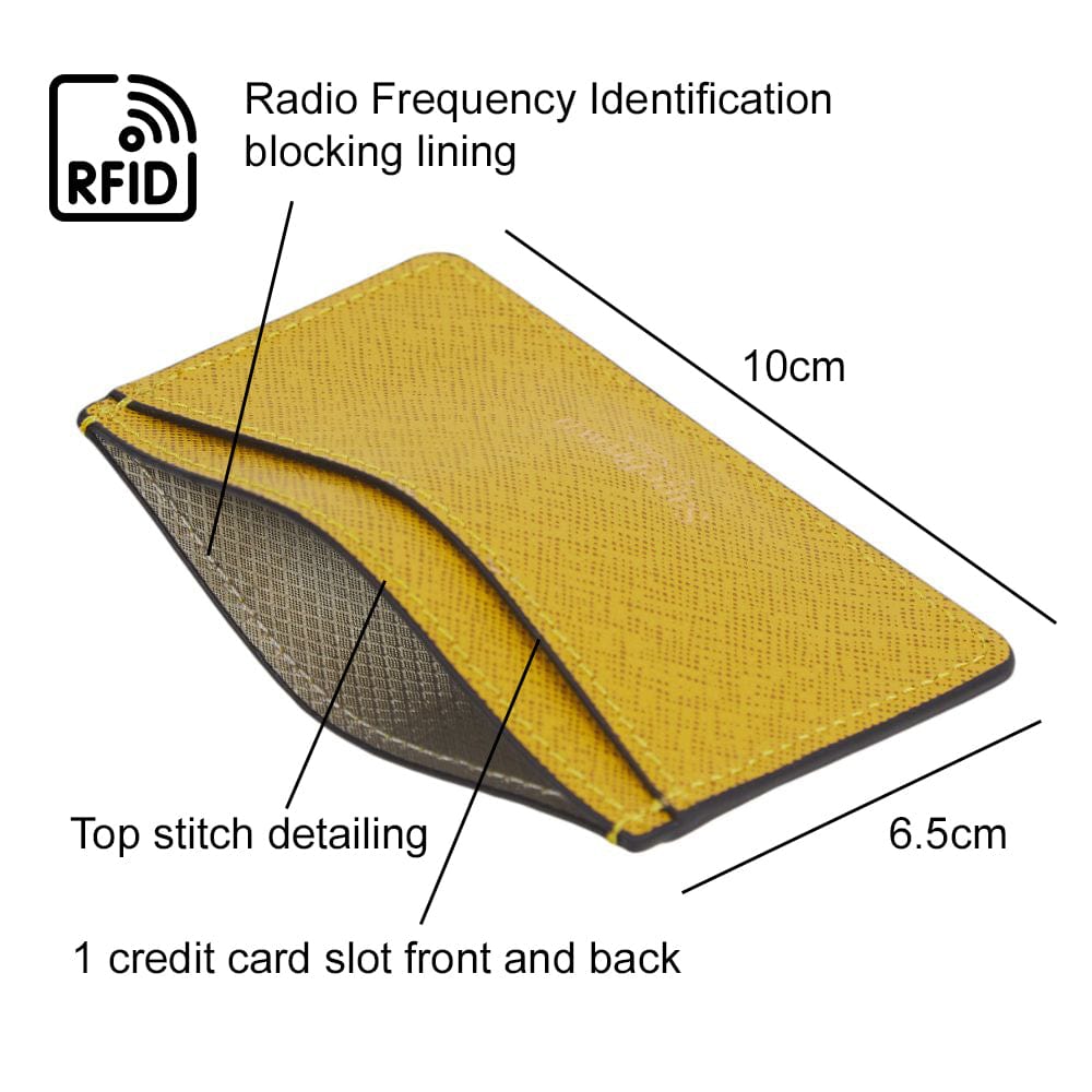 RFID Flat Leather Card Holder, yellow saffiano, features