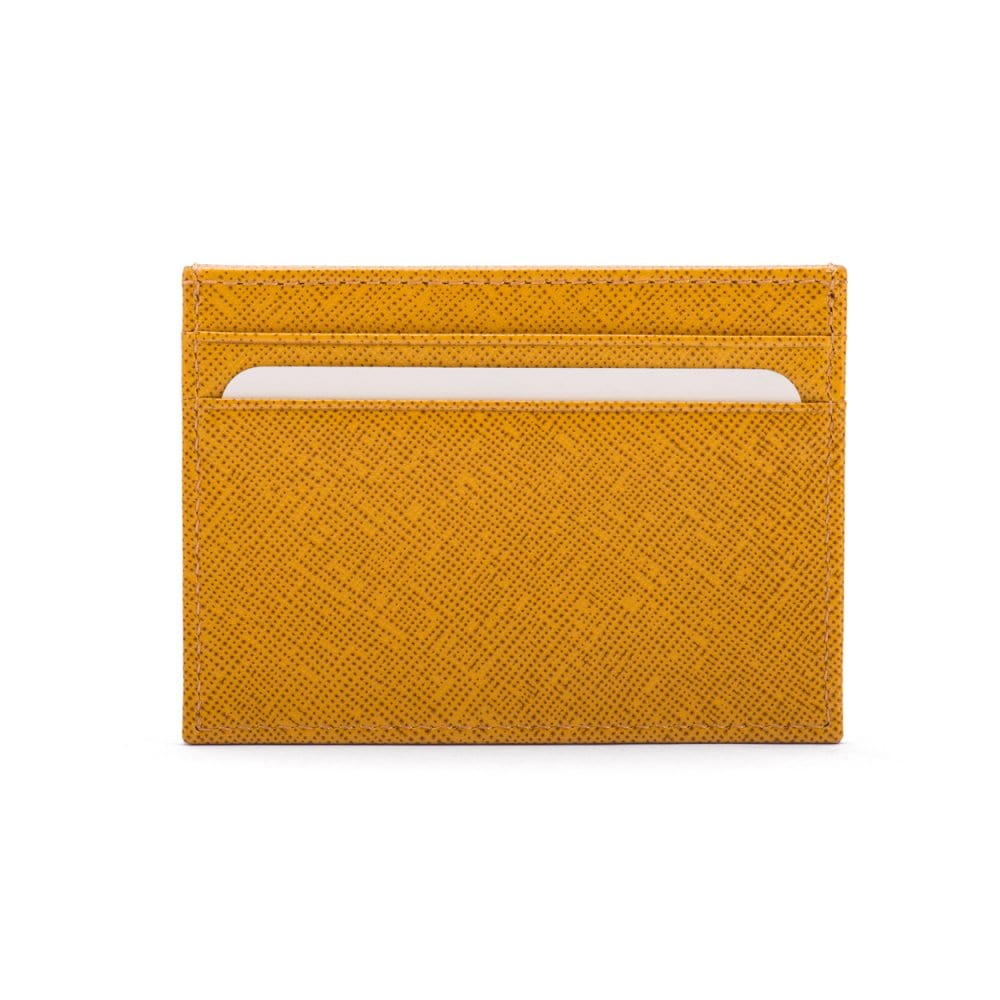 Flat leather credit card wallet 4 CC, yellow saffiano, front