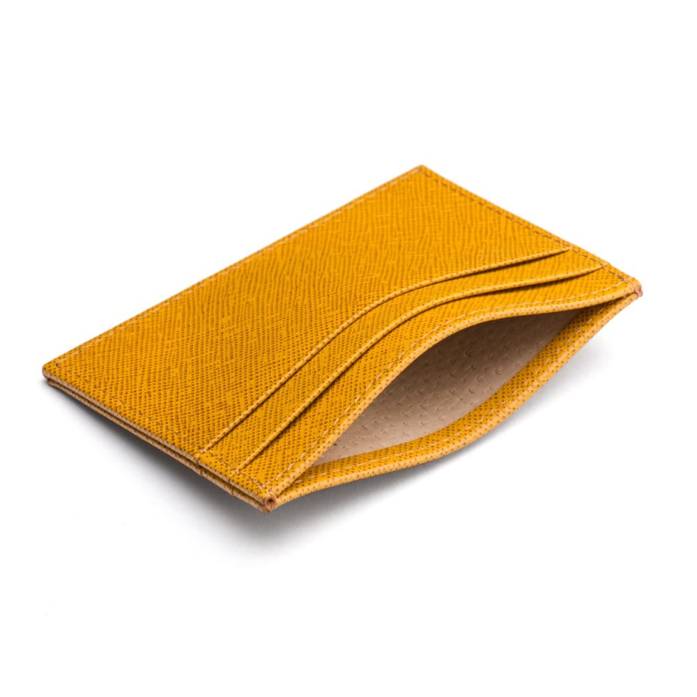 Flat leather credit card wallet 4 CC, yellow saffiano, inside