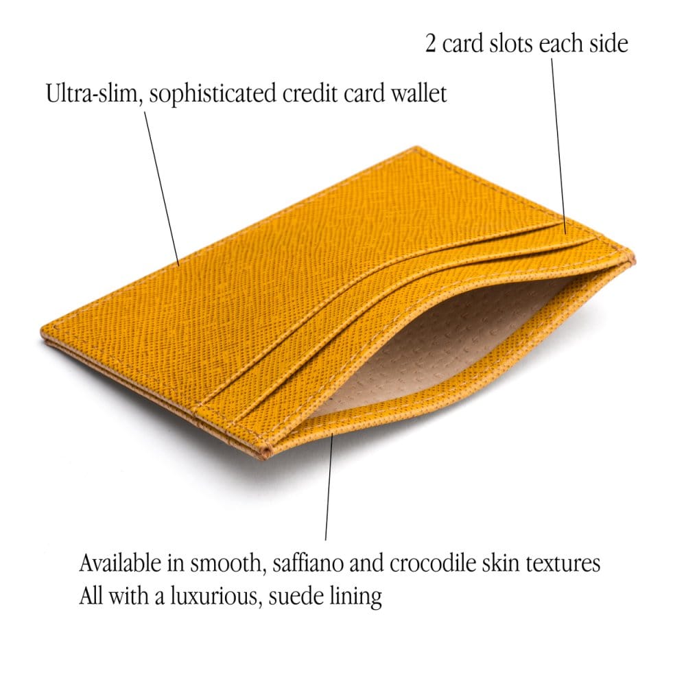 Flat leather credit card wallet 4 CC, yellow saffiano, features