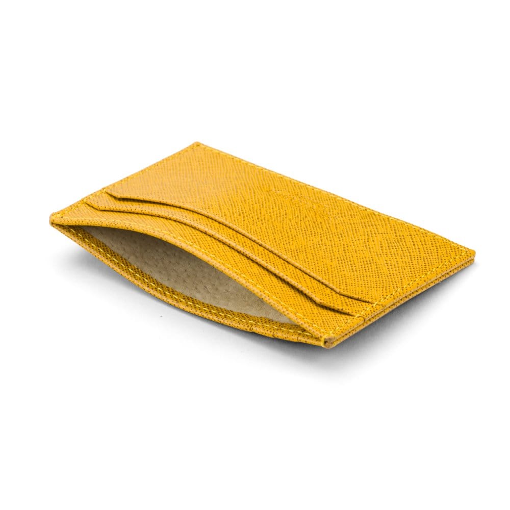 Flat leather credit card holder with middle pocket, 5 CC slots, yellow saffiano, inside