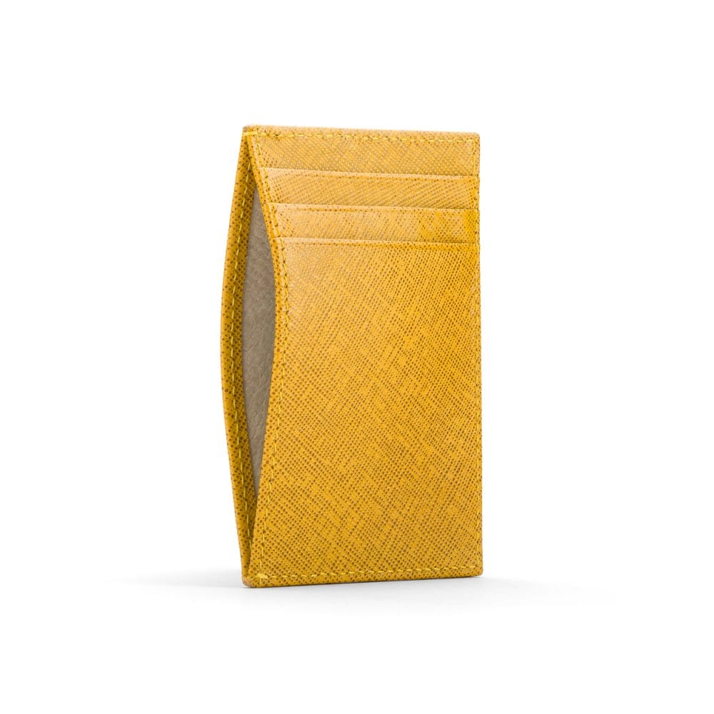 Flat leather credit card holder with middle pocket, 5 CC slots, yellow saffiano, front