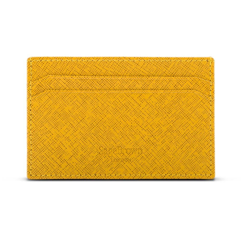 Flat leather credit card holder with middle pocket, 5 CC slots, yellow saffiano, back