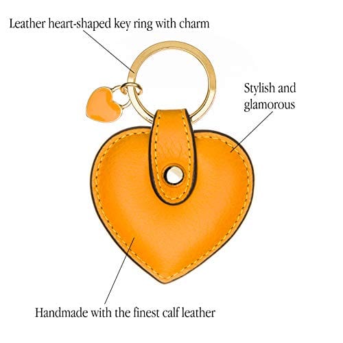 Leather heart shaped key ring, yellow, features
