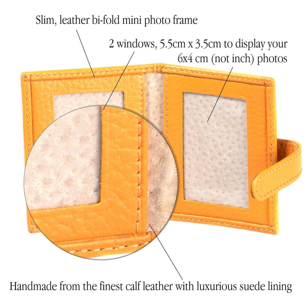 Mini leather passport photo frame, yellow, 60 x 40mm, features