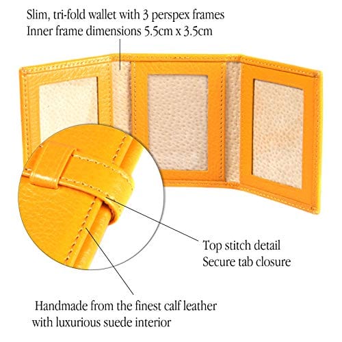 Mini leather trifold photo frame, yellow, 60 x 40mm, features