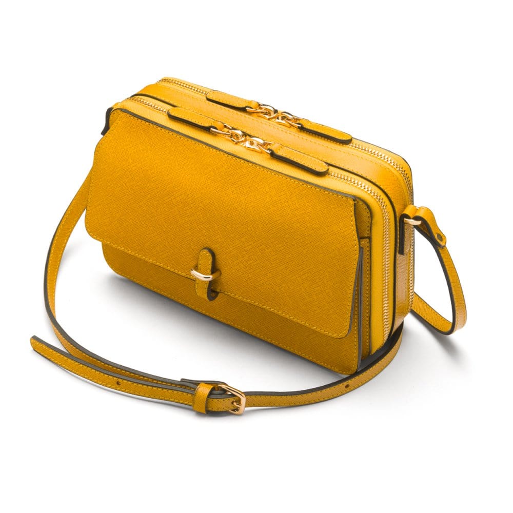 Small leather shoulder bag, yellow saffiano, side view