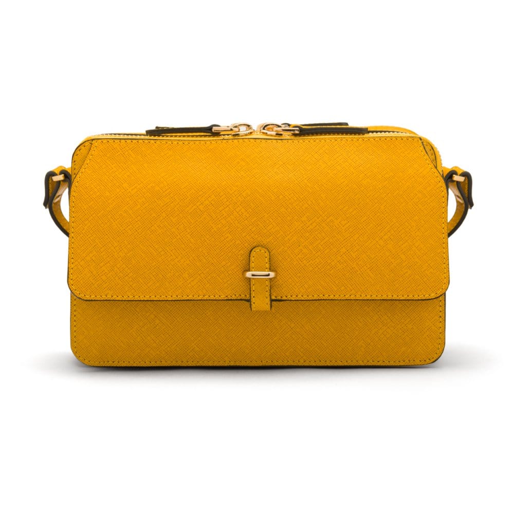 Small leather shoulder bag, yellow saffiano, front view