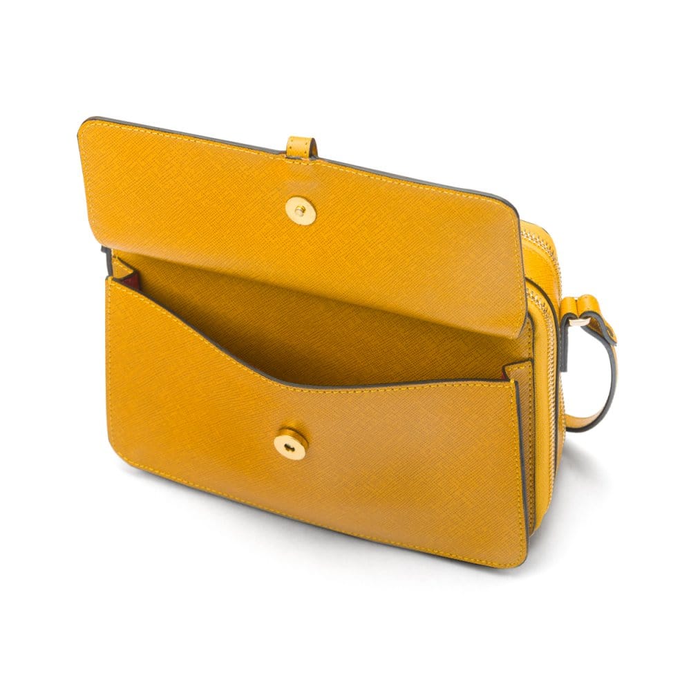 Small leather shoulder bag, yellow saffiano, front pocket view