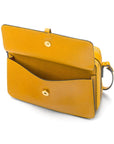 Small leather shoulder bag, yellow saffiano, front pocket view