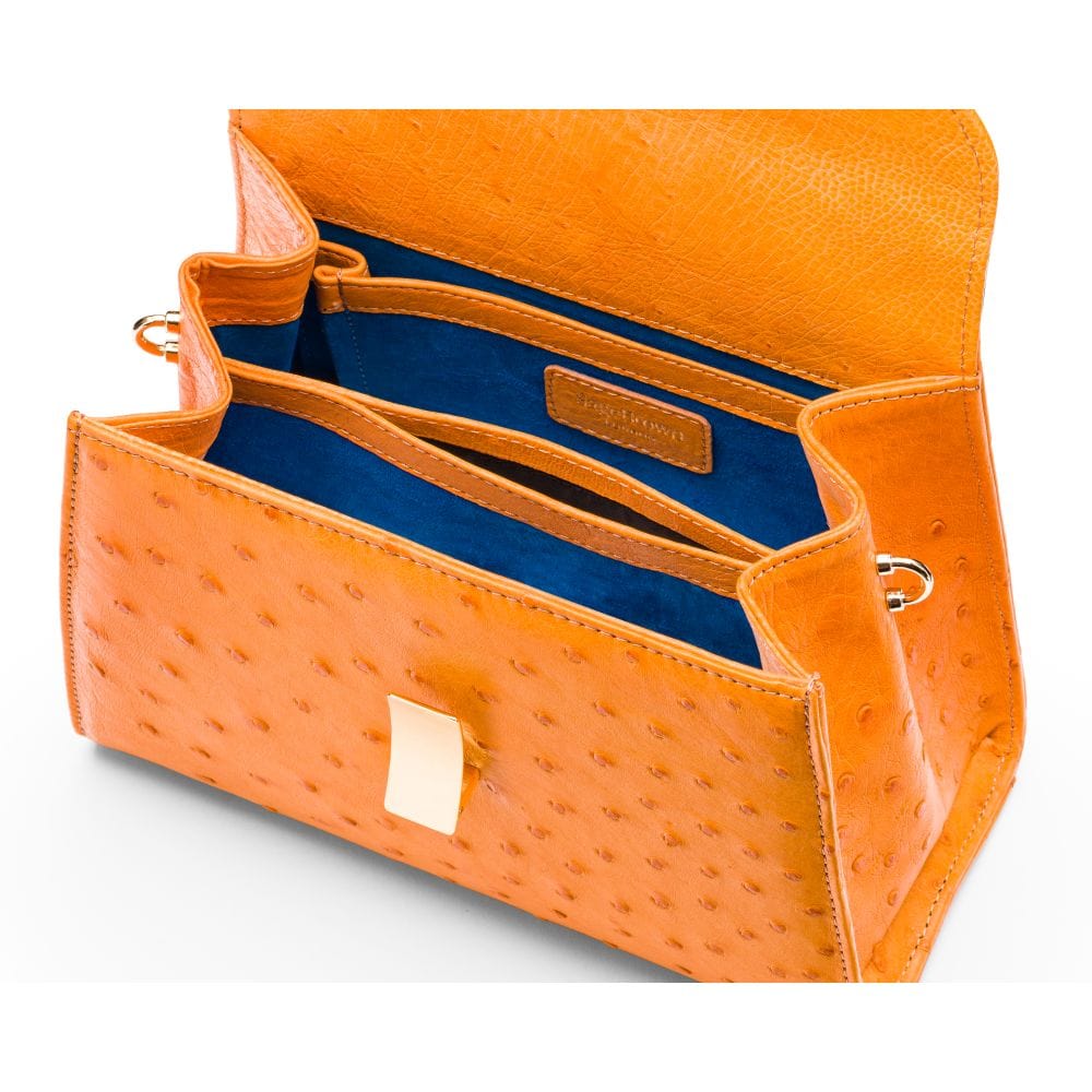 Ostrich leather top handle bag, yellow, inside