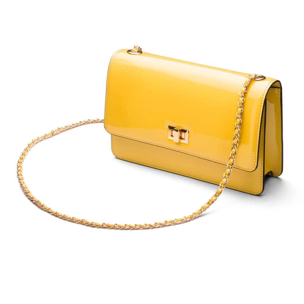 Leather chain bag, yellow patent, side view