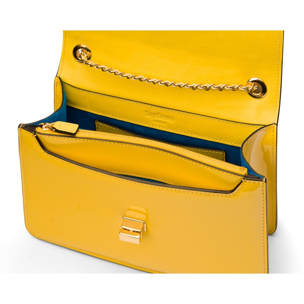 Leather chain bag, yellow patent, inside view