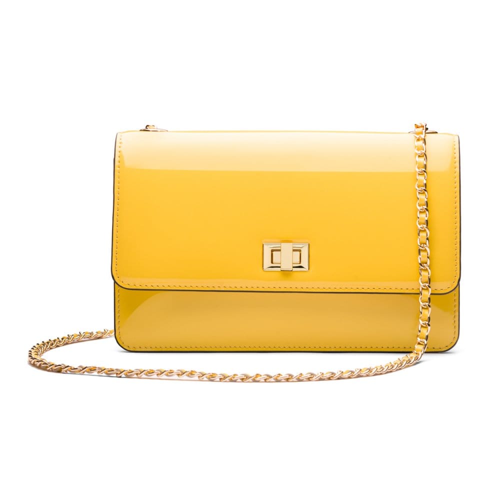 Leather chain bag, yellow patent, front view