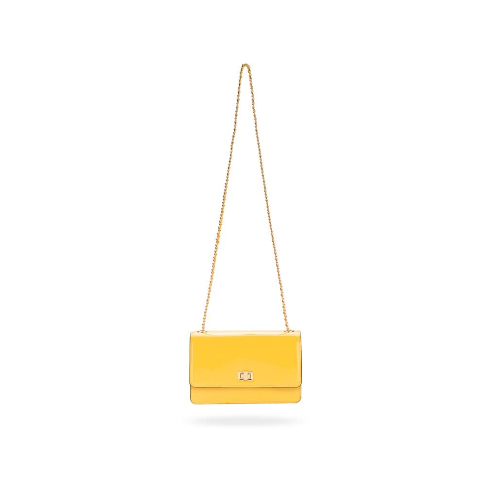 Leather chain bag, yellow patent, long chain strap
