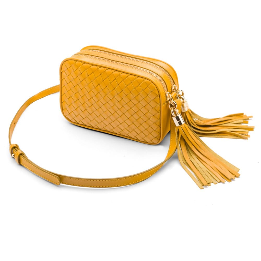 Woven leather camera bag, yellow, side