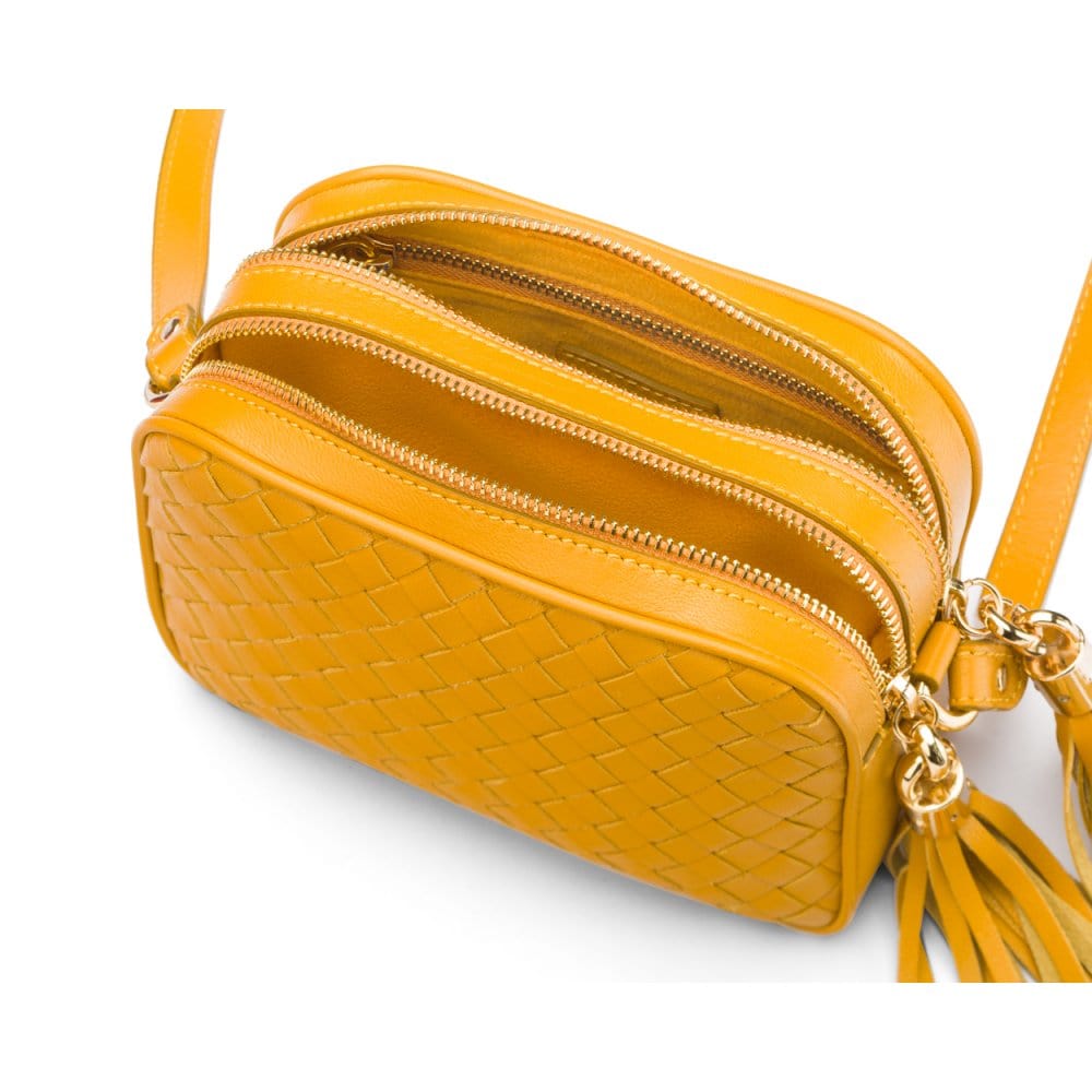 Woven leather camera bag, yellow, inside
