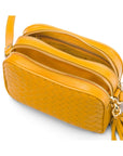 Woven leather camera bag, yellow, inside