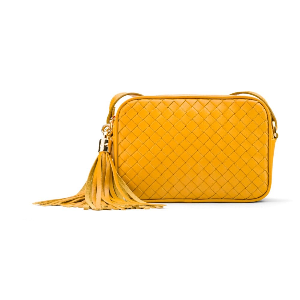 Woven leather camera bag, yellow, front