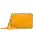 Woven leather camera bag, yellow, front