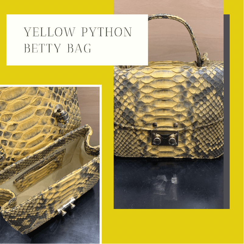 Small real python top handle bag, yellow