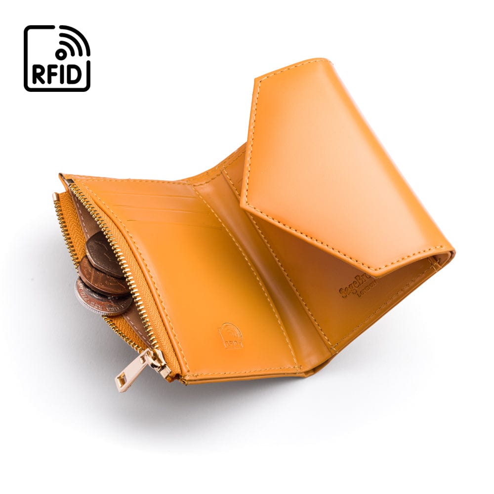 RFID blocking leather envelope purse, yellow, open view