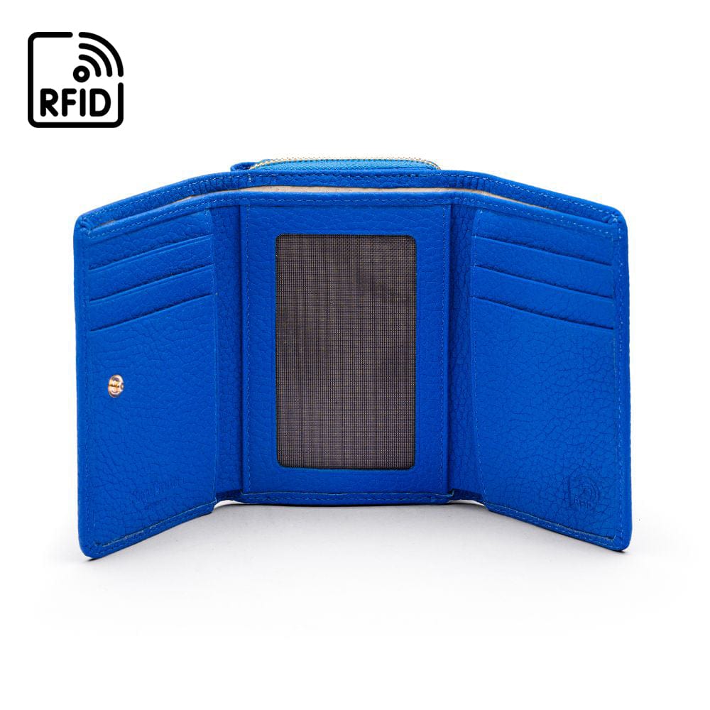 RFID blocking leather tri-fold purse, cobalt, inside