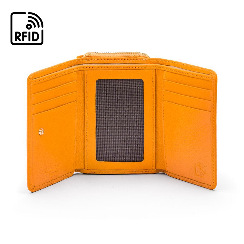 RFID blocking leather tri-fold purse, yellow, inside