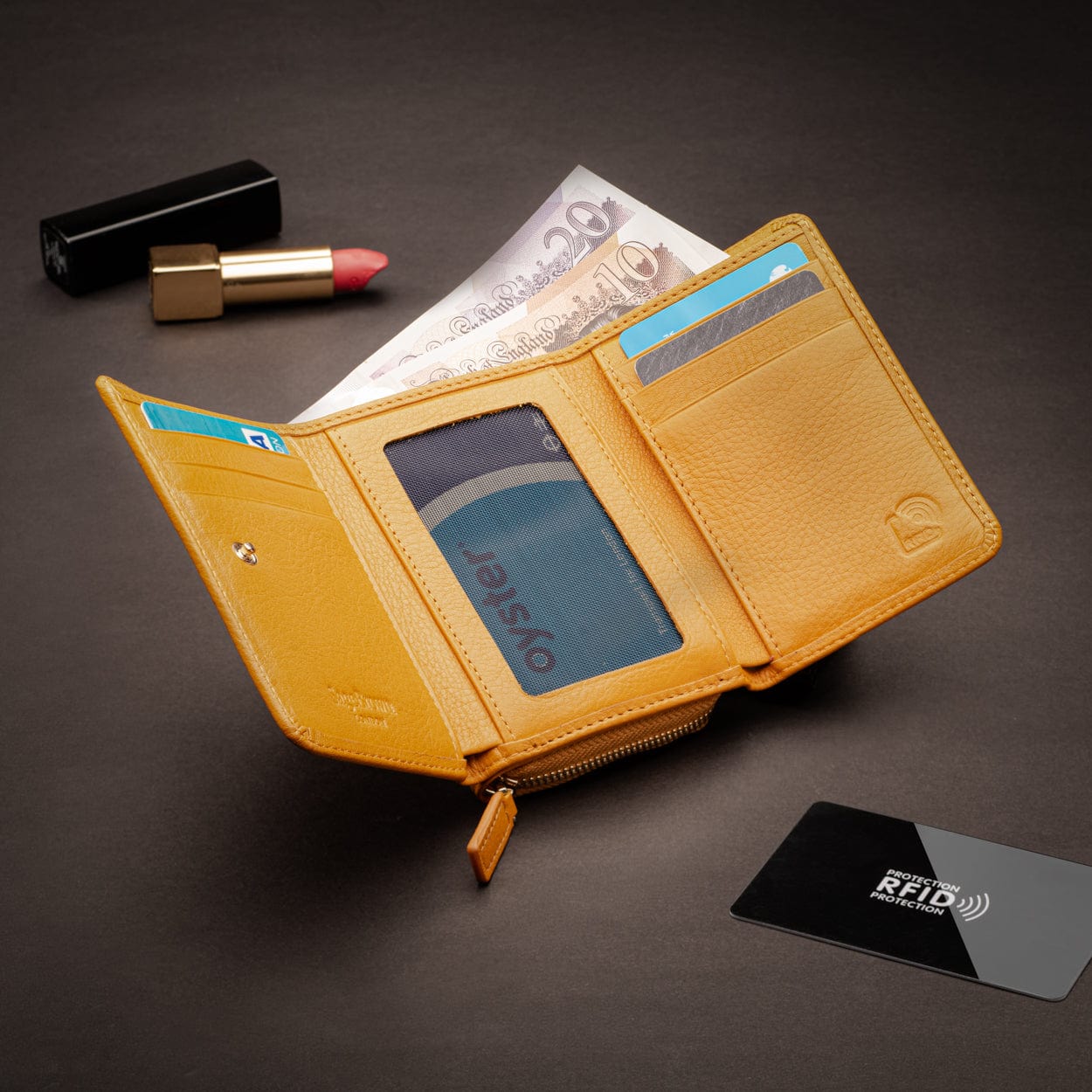 RFID blocking leather tri-fold purse, yellow, lifestyle