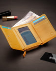 RFID blocking leather tri-fold purse, yellow, lifestyle