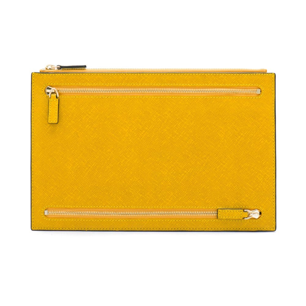 Leather travel document and currency case, yellow, front