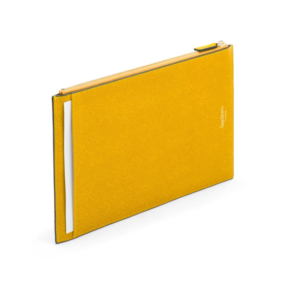 Leather travel document and currency case, yellow, back