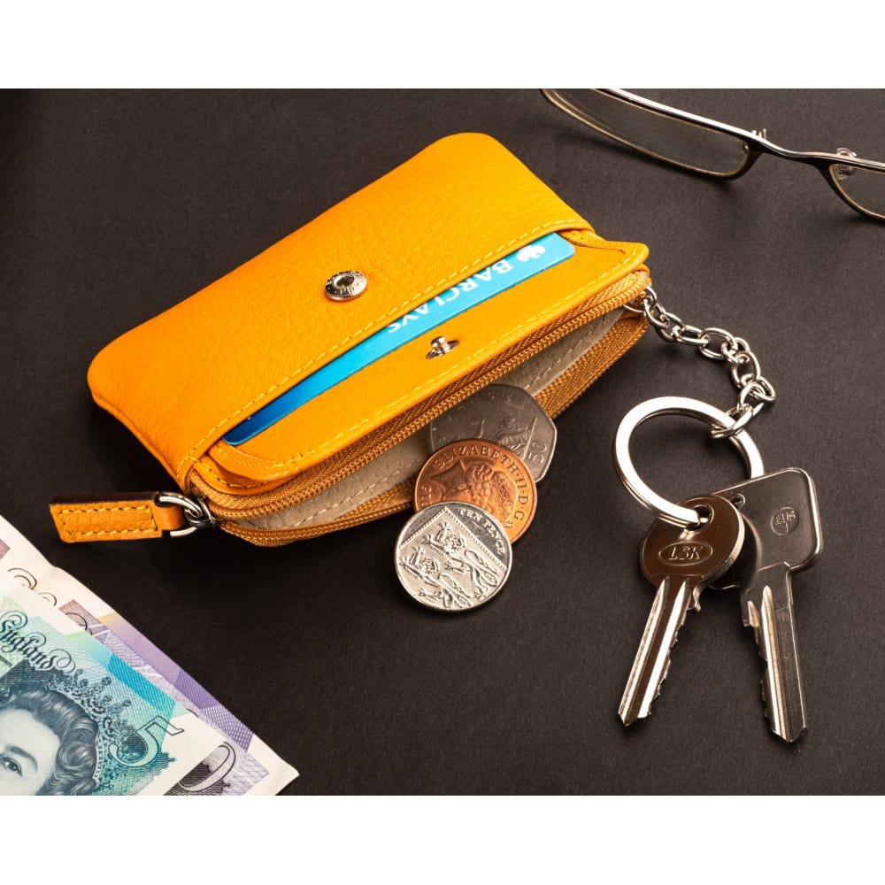 Yellow Small Leather Zip Coin Purse With Key Chain