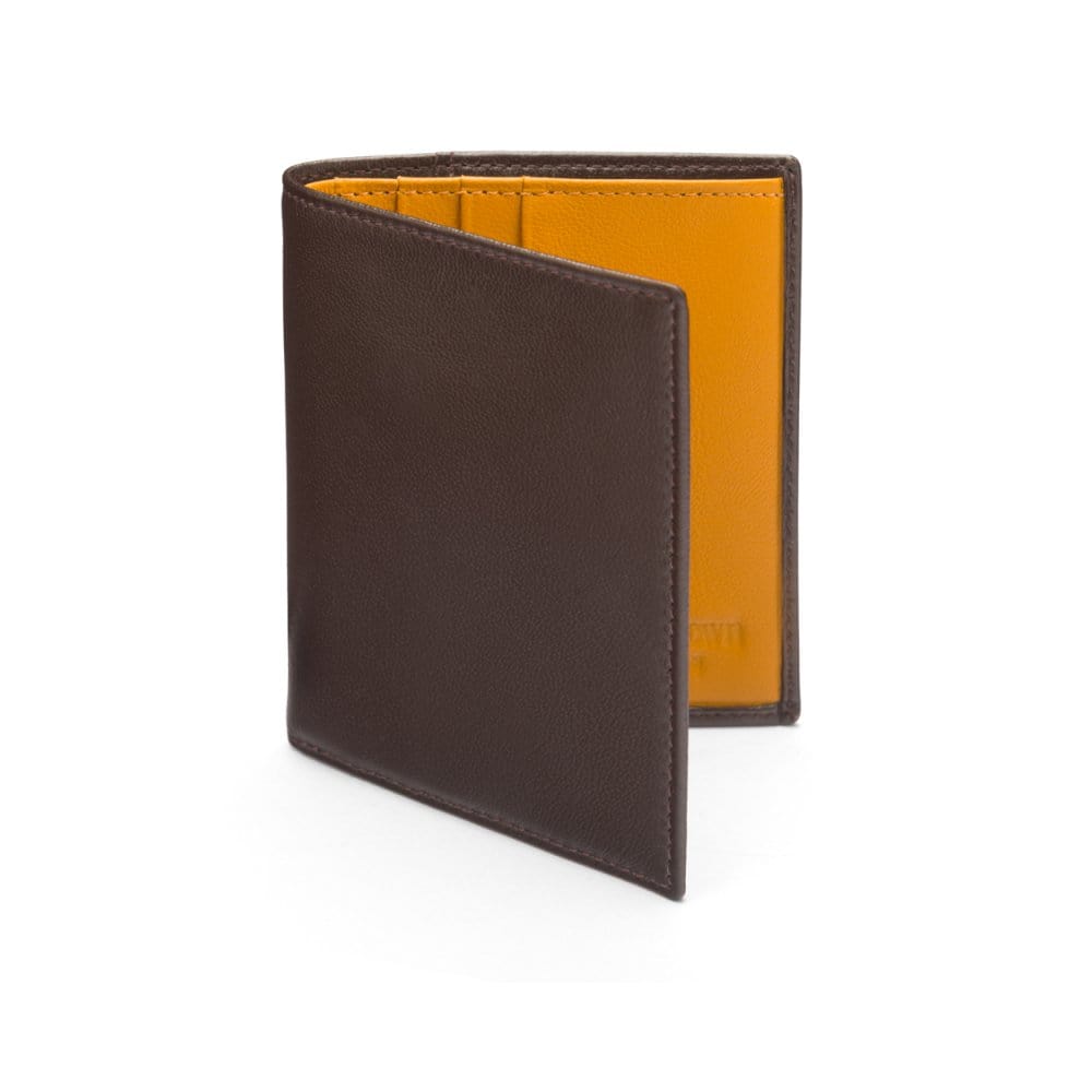 Leather compact billfold wallet 6CC, brown with yellow, front