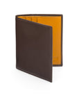 Leather compact billfold wallet 6CC, brown with yellow, front